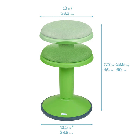 Grassy Green Sitwell Wobble Stool With Cushion Adjustable Height Active Seating From 17.7 to 23.6 inches, dimensions shown