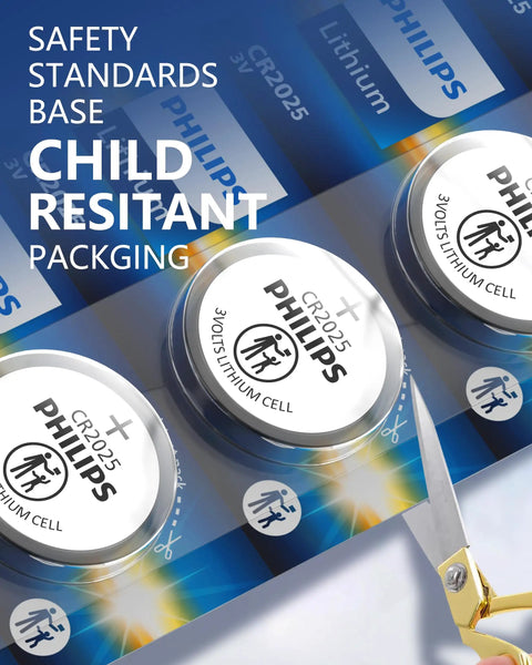 Straight Up Reliable CR2025 3V Lithium Button Cell Battery 5 Pack with child resistant packaging and scissors for easy opening.