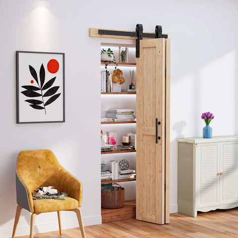 Installed No Assembly Bi Fold Barn Door Set 30x84 With 36 Inch Hardware Kit For Two Doors Unfinished Solid Spruce Wood Panels