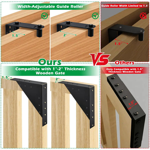 Beefy Heavy Duty Sliding Gate Kit For Deck And Fence With Smooth Roll Wheel Hardware Powder Coated Steel In Black Quiet Glide Weatherproof Gate System For Easy Outdoor Access; width-adjustable guide roller for 1-2 in wooden gate