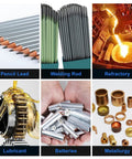 Collage of graphite applications: pencils, welding rods, refractory materials, lubricants, batteries, and metallurgy products.