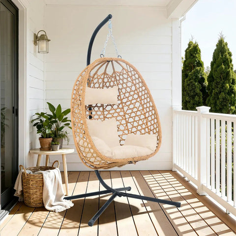Hanging Egg Chair With Cushions And Stand For Patio Garden Or Balcony Chill Outdoor Swing Chair Cozy Rattan Lounge Seat