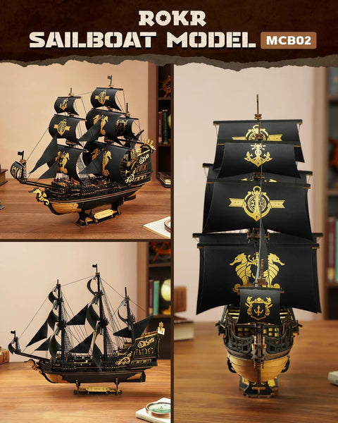Seahorse Barque 3D Wooden Puzzle for Adults, Sailboat Model Kit With 603 Piece DIY Build, showcasing detailed design and sails