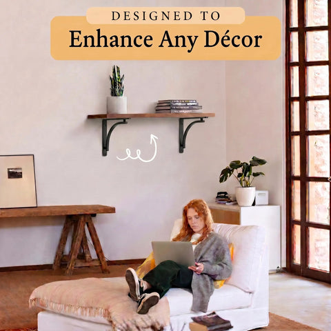 Heavy Duty 10 Inch Black L Shelf Brackets Set Of 4 holding shelf with books in living room setting.