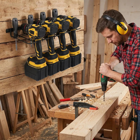 3 Pack Heavy Duty Power Tool Wall Mount Organizer For Cordless Drills And Tools Garage Shop Storage Rack Quick Install Iron Black Finish Holds 4 Tools Per Mount 12 Tools Total Dimensions 16.6 By 6.8 By 1.8 Inches mounted on wooden wall with drills.