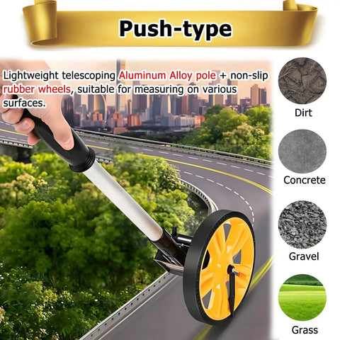 MZZKFC 3.3ft Foldable Mechanical Hand Push Distance Roller Wheel measuring on a road with rubber wheels and aluminum pole.