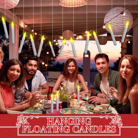 Group dining under hanging 108 Piece Flameless LED Taper Candles Set Battery Operated Flickering Candlesticks No Mess Easy Setup