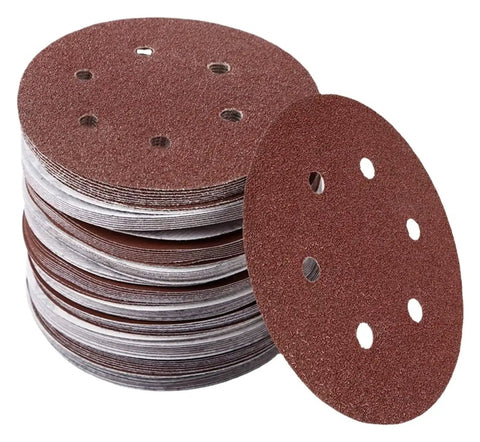 Premium 6 Inch Hook And Loop Sandpaper Discs Set stacked with varied grit sizes for polishing wood, metal, and rubber surfaces.