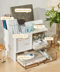Dope Desk Organizer With 3 Drawers And 8 Compartments For Your Desk, Mega Functional Pencil And Pen Holder, White Finish, Top Tray