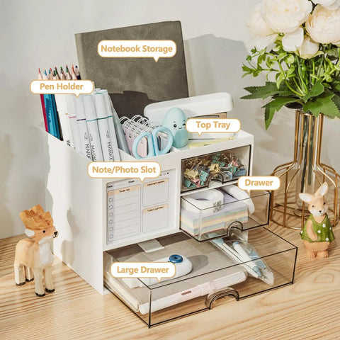 Dope Desk Organizer With 3 Drawers And 8 Compartments For Your Desk, Mega Functional Pencil And Pen Holder, White Finish, Top Tray