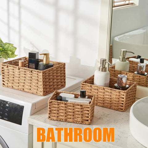 Set Of Three Small Wicker Baskets Low Key Perfect For Home Organization And Bathroom Decor With Durable Woven Storage Trays That Keep Your Space Tidy While Adding Cozy Rustic Vibes To Living Rooms Or Closets