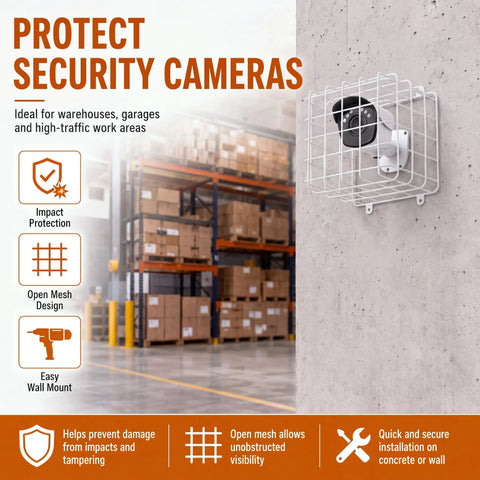 Tough As Nails Steel Wire Damage Stopper Cube Cage For Security Guard Equipment With Included Mounting Hardware mounted on wall with security camera.