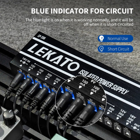 Guitar Pedal Power Supply With 12 Port Isolated Outputs for Effects showing blue indicator lights and various voltage outputs