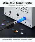 Back view of Heavy Hitter Aluminum Five Bay External Hard Drive Enclosure USB 3.0 with cable, showcasing high-speed transfer capabilities.