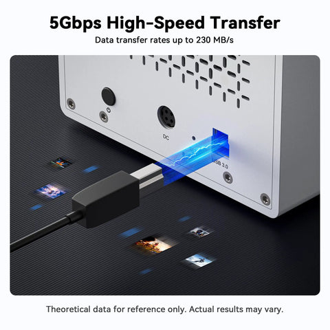 Back view of Heavy Hitter Aluminum Five Bay External Hard Drive Enclosure USB 3.0 with cable, showcasing high-speed transfer capabilities.