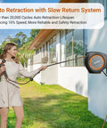 Woman using Retractable Garden Hose Reel With Auto Retraction, 5/8 Inch By 100 Foot Hose, Wall Mount, UV Resistant outdoors