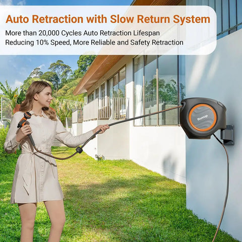Woman using Retractable Garden Hose Reel With Auto Retraction, 5/8 Inch By 100 Foot Hose, Wall Mount, UV Resistant outdoors
