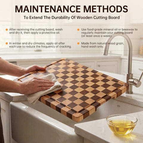 Real Deal Acacia Wood Checkered Cutting Board With Deep Juice Grooves And Solid Handles Large 17 Inch Butcher Block being oiled.