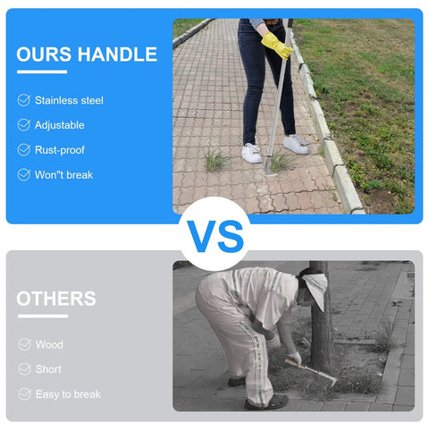 Comparison of Go To Crevice Weeder With Long Handle for sidewalk cracks versus a short wooden tool, highlighting benefits.