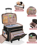 Rolling Teacher Bag With Wheels And Detachable Trolley Black Fits 15.6 Inch Laptop, open compartments showing organized storage