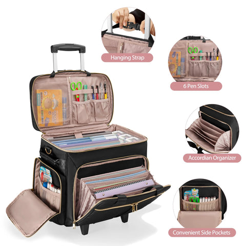 Rolling Teacher Bag With Wheels And Detachable Trolley Black Fits 15.6 Inch Laptop, open compartments showing organized storage