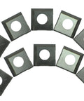 Carbide 2-Edge Planer Inserts For 25-130H, 10-Pack Replacement Cutters arranged in an arc on a white background