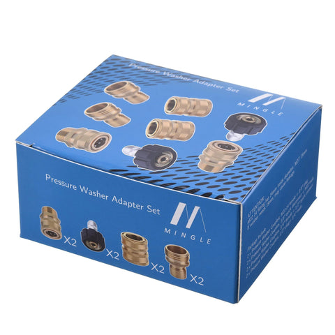 Front view of MINGLE pressure washer adapter set box with brass adapters and quick-connects (8-pack)
