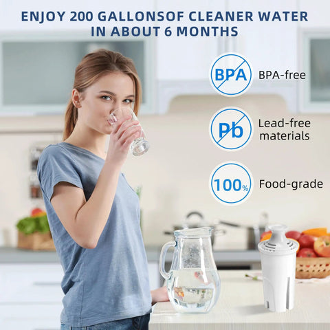 Woman drinking water near Six Pack Replacement Water Filter Kit For Pitchers And Dispensers That Fits Brita OB03 Classic 35557
