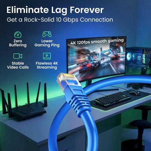 Gaming setup with Cat 6 Ethernet Patch Cable 3 Ft Blue Pack Of 10 Snagless RJ45 Cables For Router PC Server and smooth connection