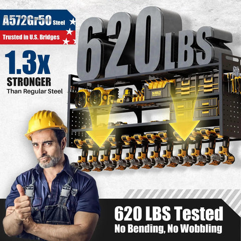 Beefy 49 Inch Wall Mount Power Tool Organizer With 620 Pound Capacity, showing 12 drill holders and heavy-duty design.