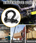 Beefy Half Inch D Ring Shackles With Nine Sixteenth Inch Screw Pins 26,400 LB Break Strength in action on Jeep and lifting work