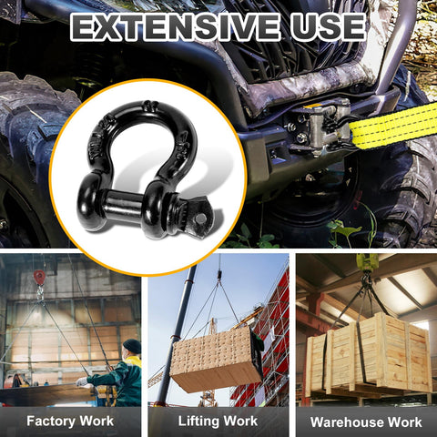 Beefy Half Inch D Ring Shackles With Nine Sixteenth Inch Screw Pins 26,400 LB Break Strength in action on Jeep and lifting work