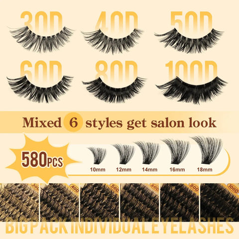 580 Piece Lash Clusters Kit For Natural DIY Eyelash Extensions includes 30D 40D 50D 60D 80D 100D clusters in 10 to 18 mm