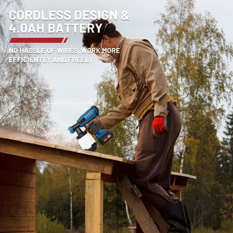 Person using Cordless HVLP Paint Sprayer With Brushless Motor, 20V Battery, 800ml Cup on a wooden roof