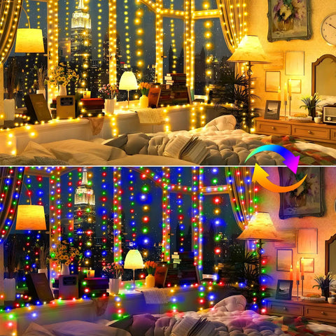 Mega 328Ft Outdoor LED Christmas String Lights With 720 LEDs Dual Color Warm White To Multicolor in room setting