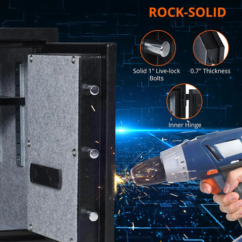 Heavy Duty Home Safe With Digital Keypad Lock, Solid Steel Construction, interior view showing bolts and hinge usage detail.