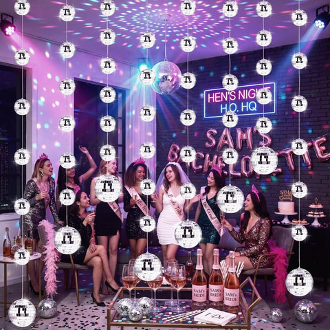 8 Pack Mini Disco Ball Garlands And Silver Mirror Balls Hanging Banner For Party Backdrop Decor at a bachelorette party.
