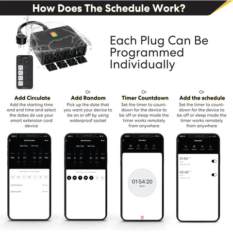 Heavy Duty Outdoor Power Strip With Wifi Control, Water Resistant Smart Outlet Bar with programming options displayed on smartphone.