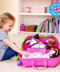 Child packing pink kids ride-on luggage with toys