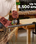 Person using Pro Grade 24V Brushless 10 Piece Cordless Tool Kit With Drill And Impact Driver Plus Circular Saw Recip Saw Jigsaw Sander Light Multi Tool Nailer Grinder Includes Two Batteries And USB C Charger For DIY Pros grinder on metal