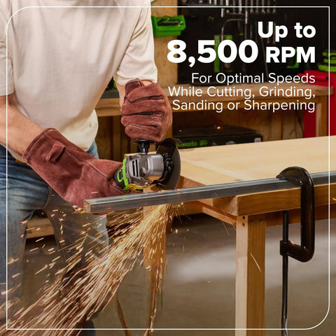 Person using Pro Grade 24V Brushless 10 Piece Cordless Tool Kit With Drill And Impact Driver Plus Circular Saw Recip Saw Jigsaw Sander Light Multi Tool Nailer Grinder Includes Two Batteries And USB C Charger For DIY Pros grinder on metal