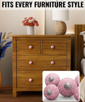 Pink Ceramic Drawer Knobs 12 Piece Set With Floral Cabinet Pulls displayed on dresser drawers enhancing style and design.