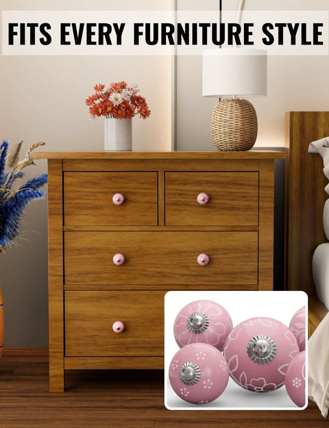 Pink Ceramic Drawer Knobs 12 Piece Set With Floral Cabinet Pulls displayed on dresser drawers enhancing style and design.