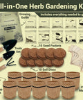 Indoor Herb Garden Kit With 44 Piece Starter Set For Your Kitchen Windowsill Or Balcony Grow 10 Gourmet Herbs Includes Burlap Pots Soil Discs Markers And Tools A No Fuss Gift For Women Mom Easter Birthday Christmas showing seed packets, burlap pots, soil discs, tools, and markers.