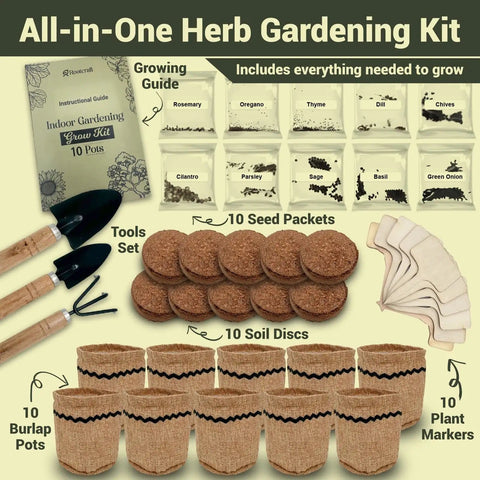 Indoor Herb Garden Kit With 44 Piece Starter Set For Your Kitchen Windowsill Or Balcony Grow 10 Gourmet Herbs Includes Burlap Pots Soil Discs Markers And Tools A No Fuss Gift For Women Mom Easter Birthday Christmas showing seed packets, burlap pots, soil discs, tools, and markers.