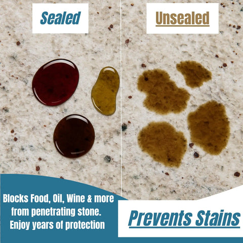 Easy Spray On Granite And Stone Countertop Sealer That Really Protects, Penetrates Deep, Wipes Clean Quick image showing sealed vs unsealed stone