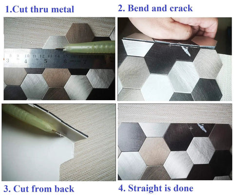 Cutting and bending Metal Mosaic Tile Backsplash Peel And Stick Easy DIY Oblong 12x12 Inch Sheets in Coffee Copper Brown Mix