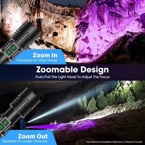 Rechargeable UV Blacklight Flashlight With High Lumens for pet pee detection and resin curing zoomable design in outdoor use