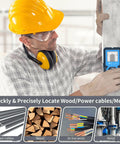 Man using Stud Finder Wall Scanner, 4 in 1 Detector for Wood Metal AC Wire on a wall, wearing safety gear.