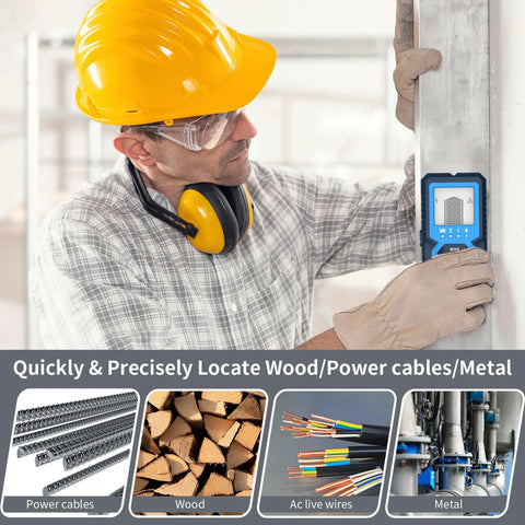 Man using Stud Finder Wall Scanner, 4 in 1 Detector for Wood Metal AC Wire on a wall, wearing safety gear.